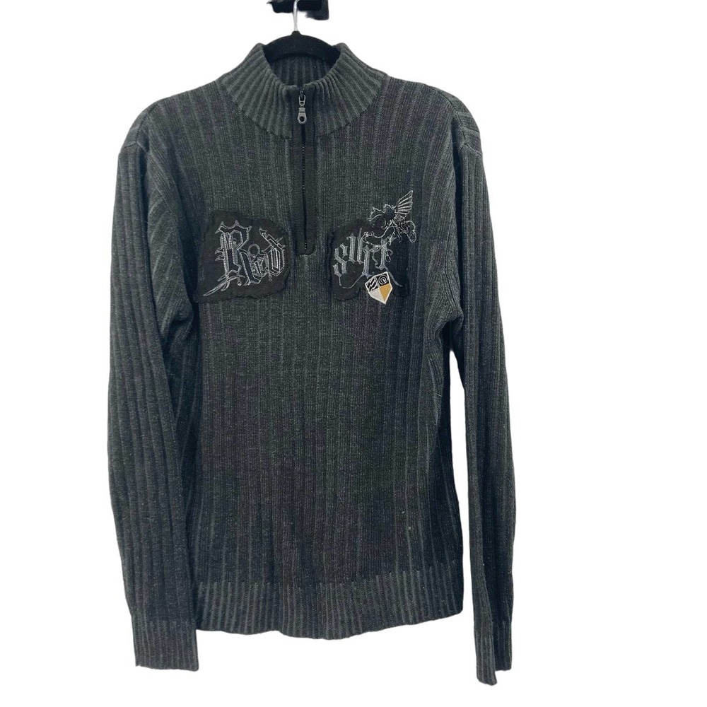Y2K Rockabilly Graphic Gray Mock Neck 1/4 Zip Ribbed Pullover Sweater Men Large